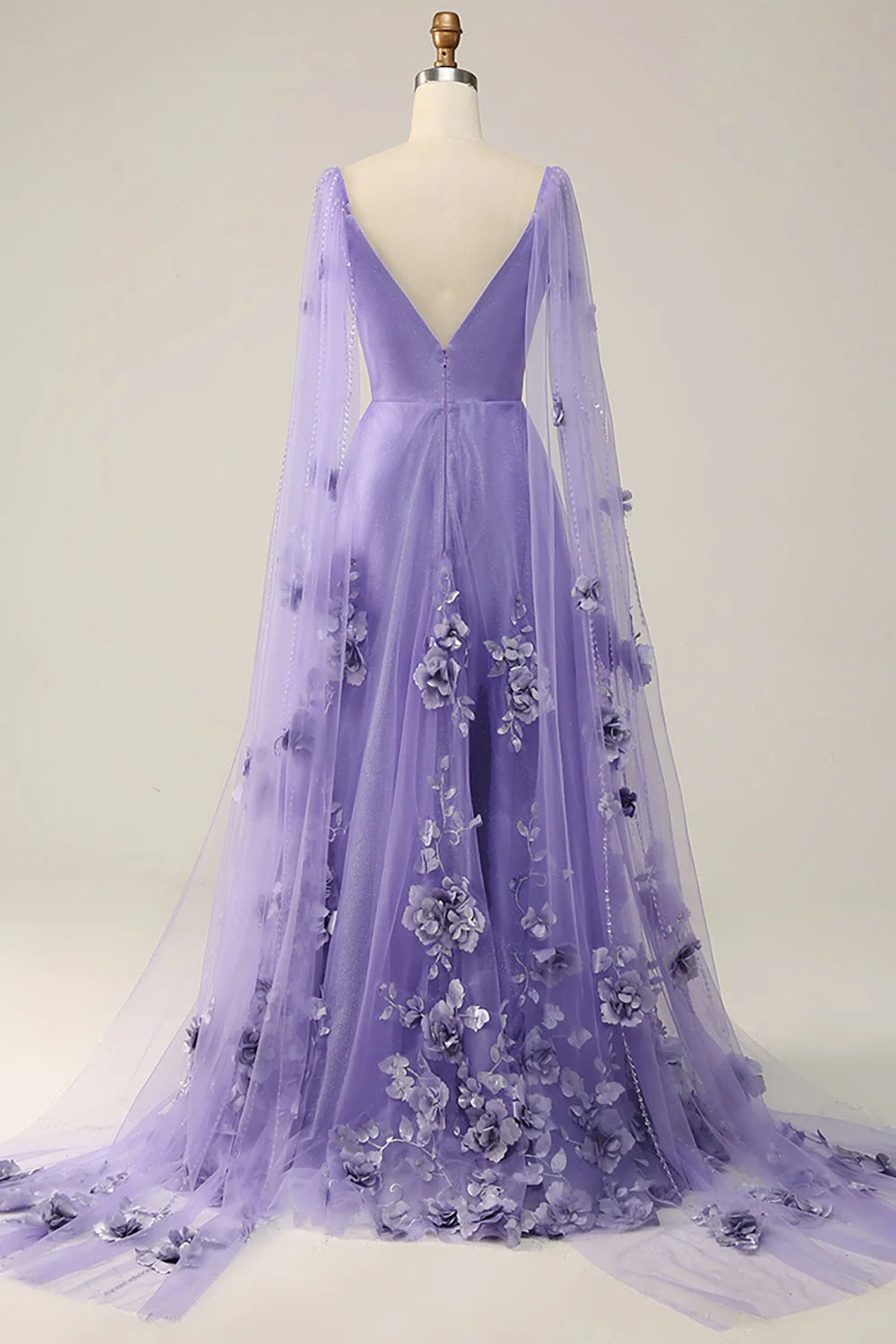 Tulle Low V Neck Sweep/Brush Train Prom Dresses Dress With 3D Flowers Beautiful