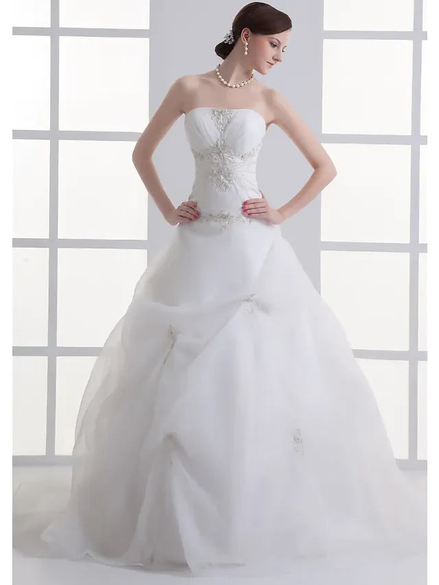 A-Line Wedding Dresses Strapless Court Train Organza Satin Strapless with Pick Up Skirt Ruched Beading Embroidery