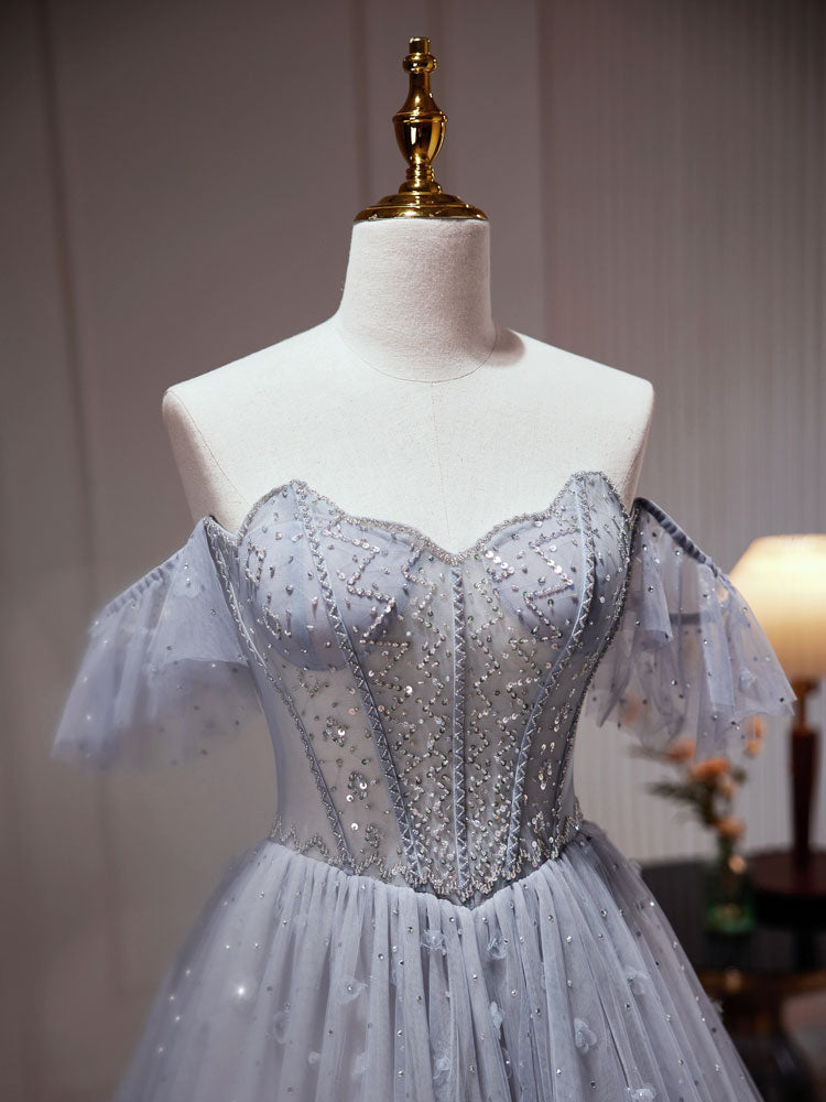 A-Line Gray Blue Tulle Sequin Beading Long Prom Dress Evening Dress Off Shoulder