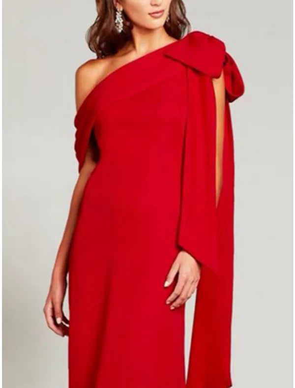 Sheath / Column Evening Gown Elegant Dress Formal Sweep / Brush Train Christmas Red Green Dress Short Sleeve One Shoulder Charmeuse with Bow(s) Pleats Slit Solid Color