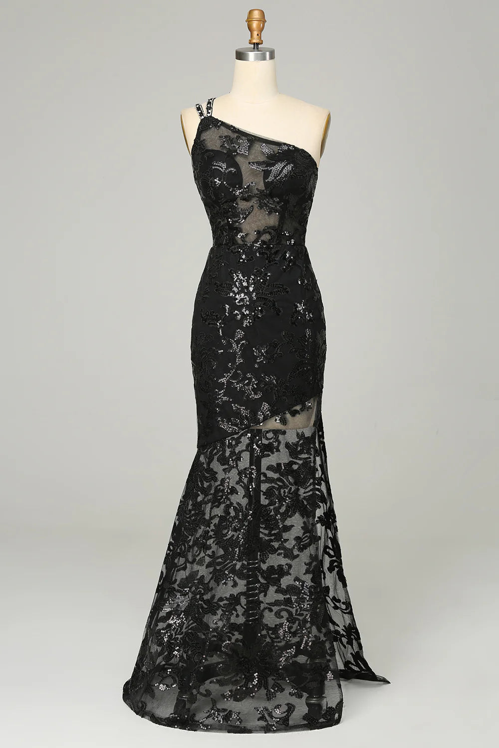 Mermaid Lace Black Spaghetti Straps Sleek Glitter Sparking One Shoulder Prom Dress with Sequins