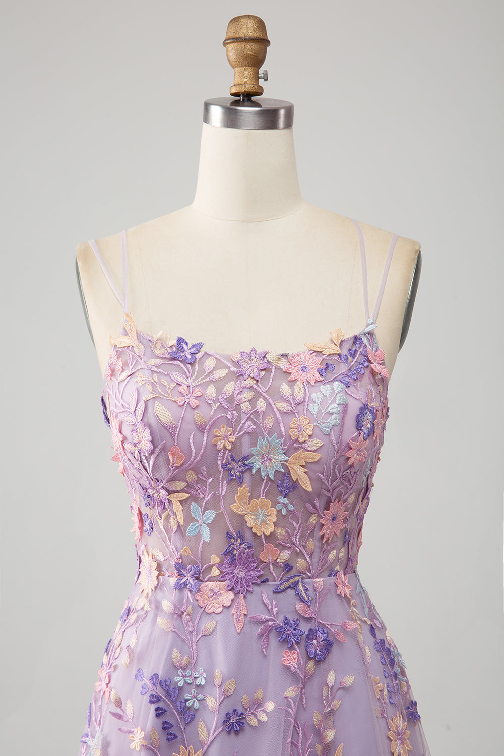 Light Purple A-Line Spaghetti Straps Long Prom Dress with Appliques Flowers