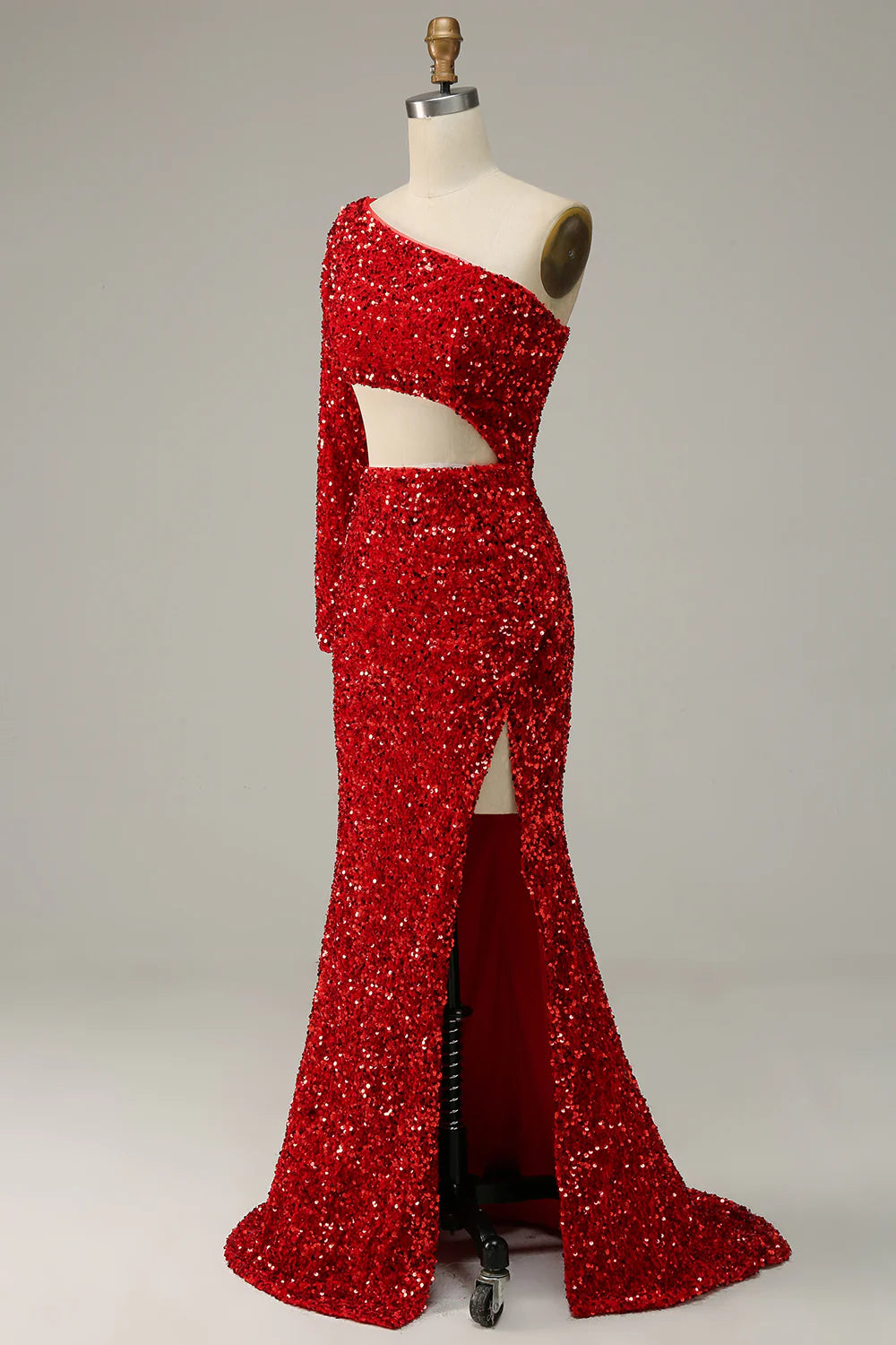 Sleek Glitter Sparking Mermaid Sequins One Shoulder Cut Out Prom Dress with Slit