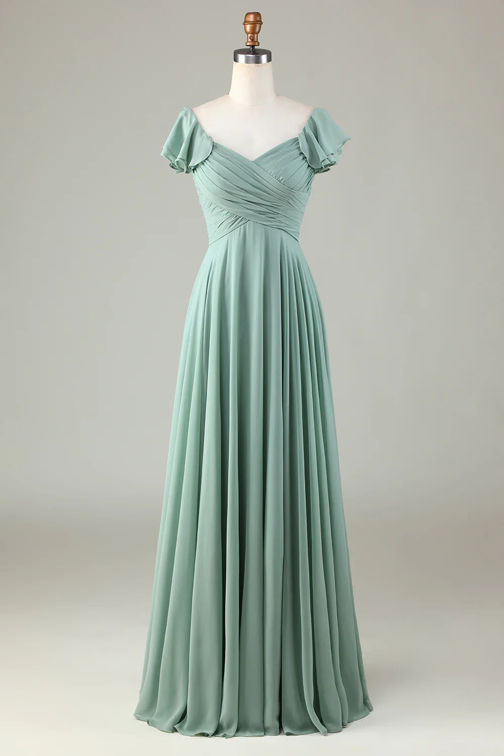 Matcha Lace-Up Back Criss Cross Bridesmaid Dress with Ruffles