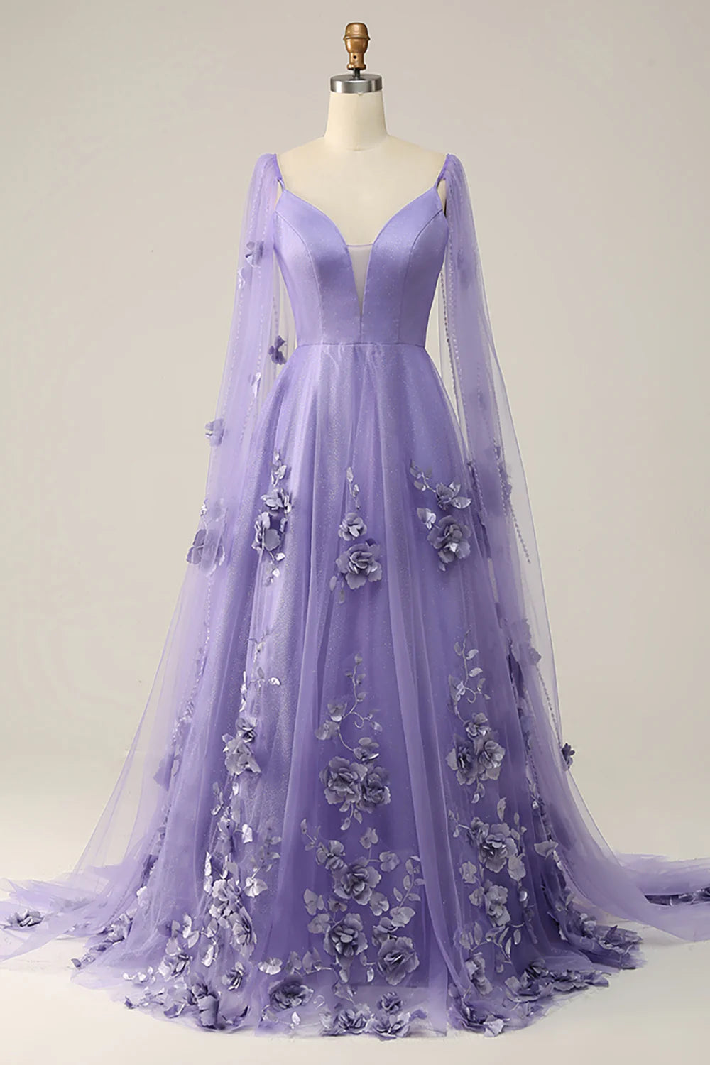 Tulle Low V Neck Sweep/Brush Train Prom Dresses Dress With 3D Flowers Beautiful