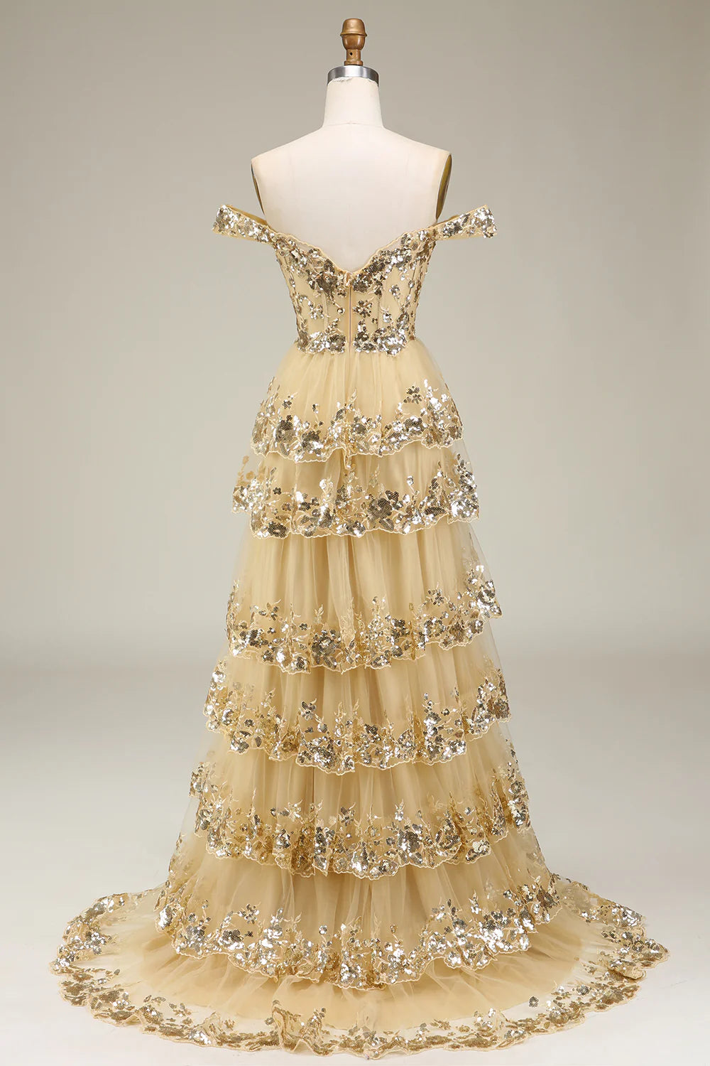 A Line Lace Layers Off the Shoulder Blue Gold Long Prom Dress with Appliques Beautiful