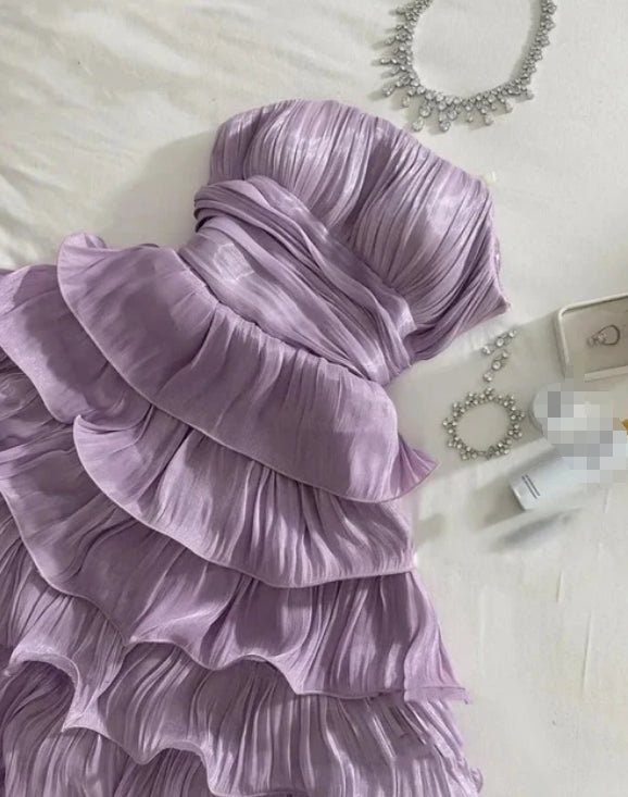 Lilac Strapless Wavy Tiered Mini Party Dress Birthday Outfits Cocktail Dresses
