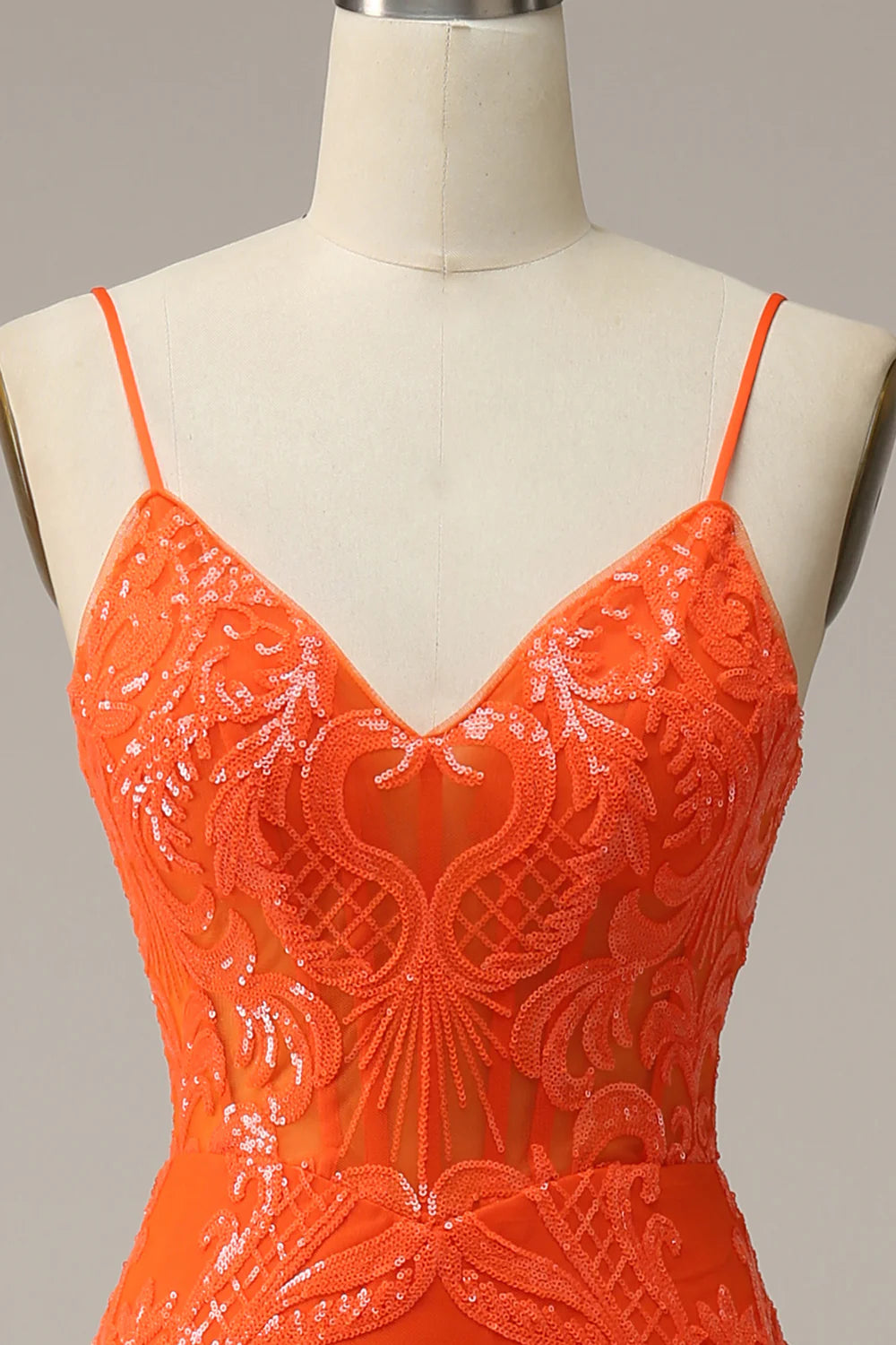 Sheath/Mermaid Spaghetti Straps Orange Sequins Long Sweep/Brush Train Prom Dress with Slit