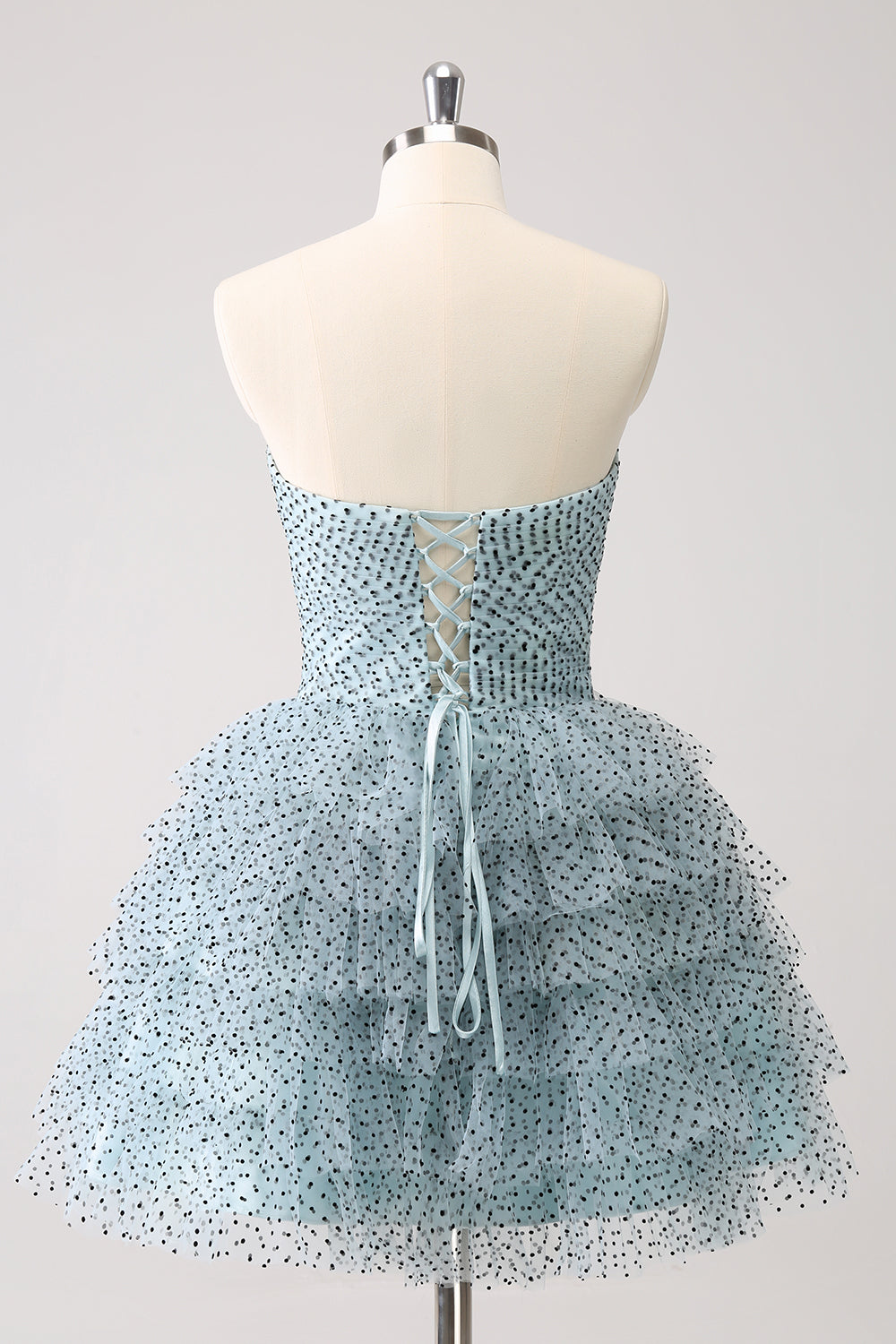 Elegant A Line Strapless Tiered Ruffle Cute Blue Homecoming Dress with Bows Beautiful