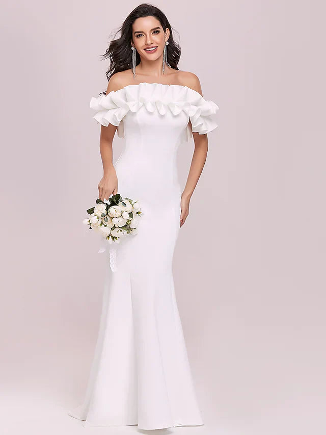 Wedding Dresses Off Shoulder Stretch Fabric Cap Sleeve Romantic Elegant with Ruffles