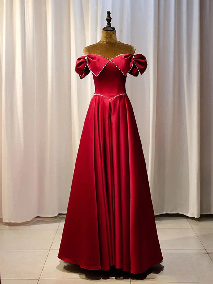 Blue Satin long prom dress A line bridesmaid dress Off Shoulder Elegant Evening Dress Formal Dress