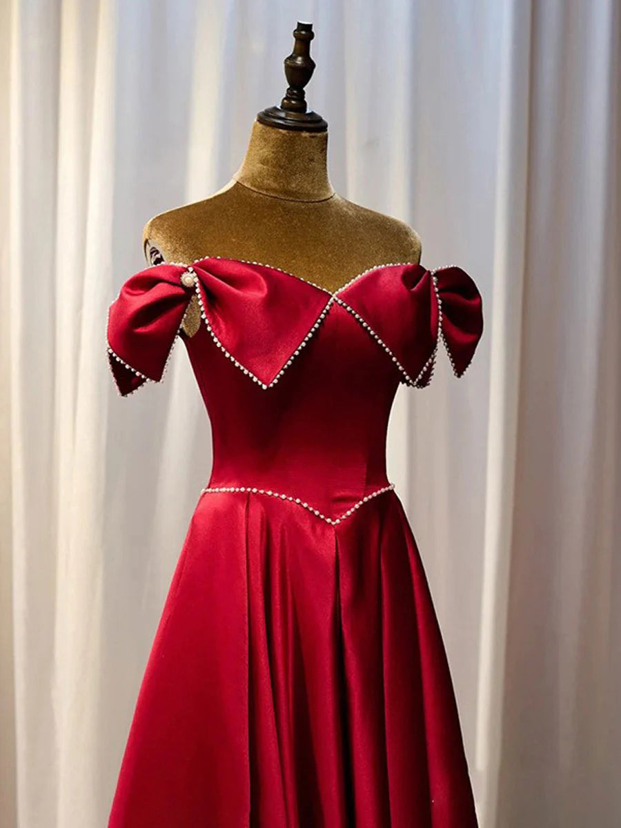 Blue Satin long prom dress A line bridesmaid dress Off Shoulder Elegant Evening Dress Formal Dress