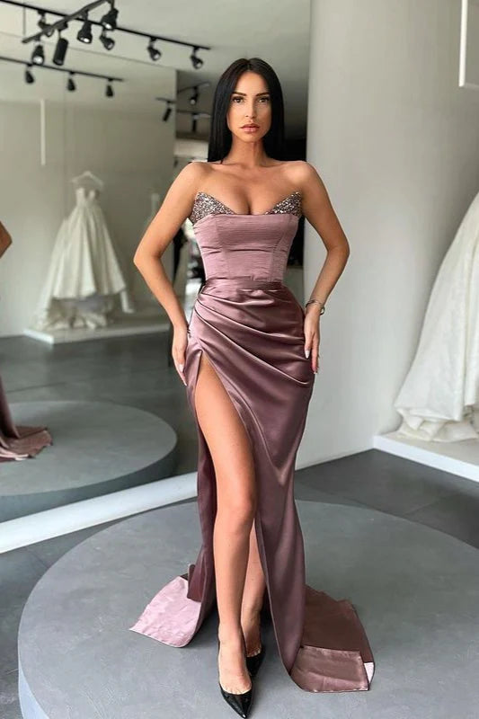 Sweetheart Mermaid Slit Prom Dress Long With Sequins Charming Evening Party Dress