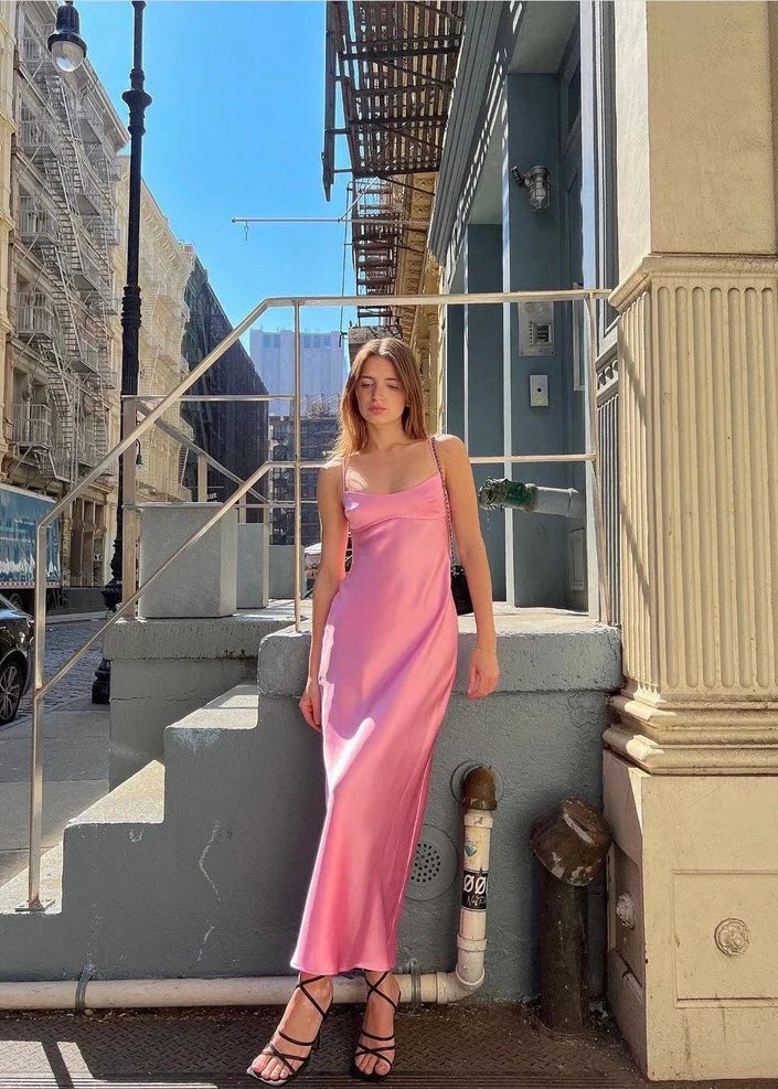 Pink Straps Backless Simple Satin Party Dress Wedding Guest Dress Formal Dress