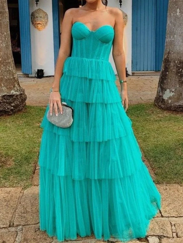 Strapless Tiered Long Prom Dresses Popular Evening Dresses Wedding Guest Dresses Elegant