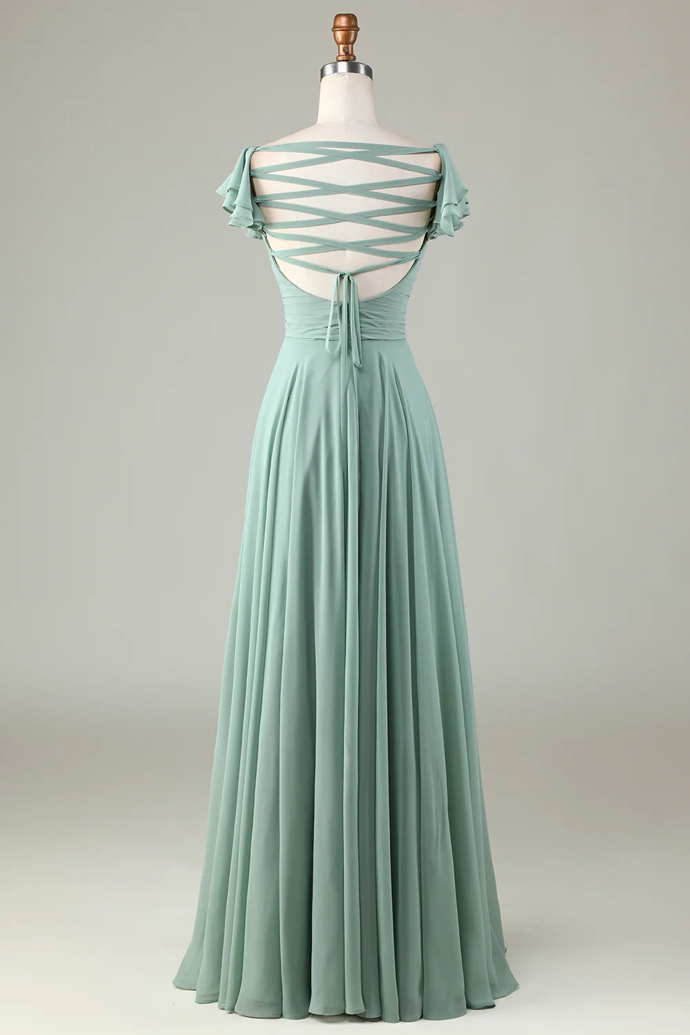 Matcha Lace-Up Back Criss Cross Bridesmaid Dress with Ruffles