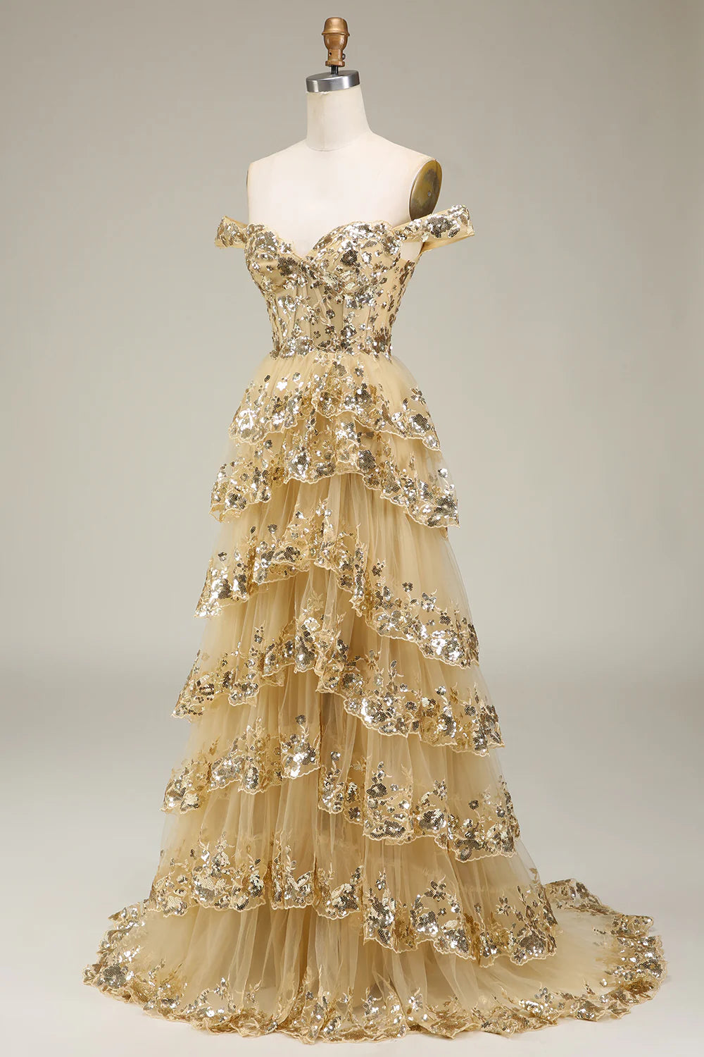 A Line Lace Layers Off the Shoulder Blue Gold Long Prom Dress with Appliques Beautiful