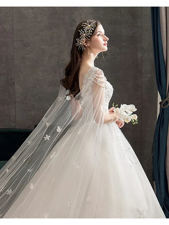 Princess Ball Gown Wedding Dresses Jewel Neck Chapel Train Lace Tulle Sleeveless Floor Length Formal Luxurious with Appliques