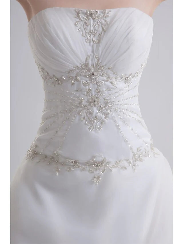 A-Line Wedding Dresses Strapless Court Train Organza Satin Strapless with Pick Up Skirt Ruched Beading Embroidery