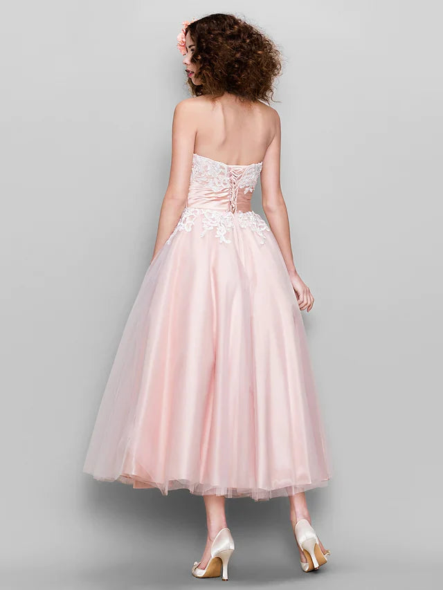 Ball Gown Wedding Guest Prom Dress Strapless Sleeveless Ankle Length Tulle Stretch Satin with Appliques