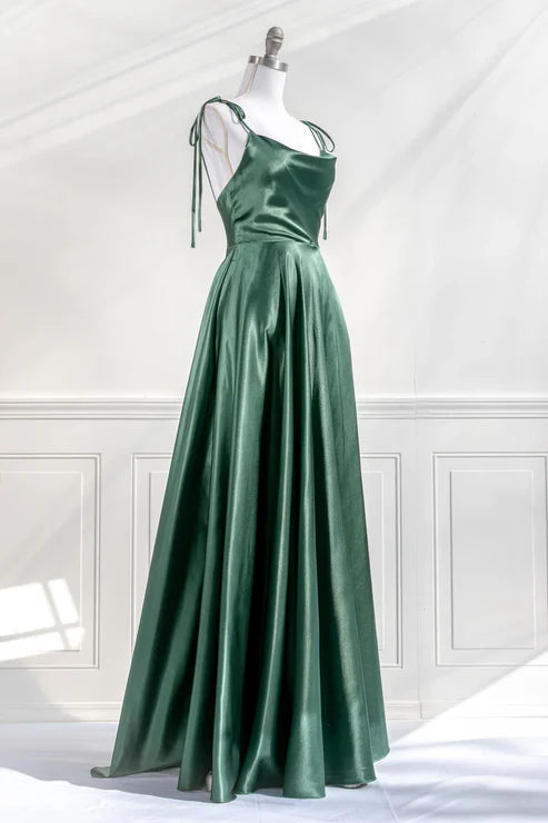 Green Straps Satin A-Line Long Party Dress Bridesmaid Dress Simple Formal Dress
