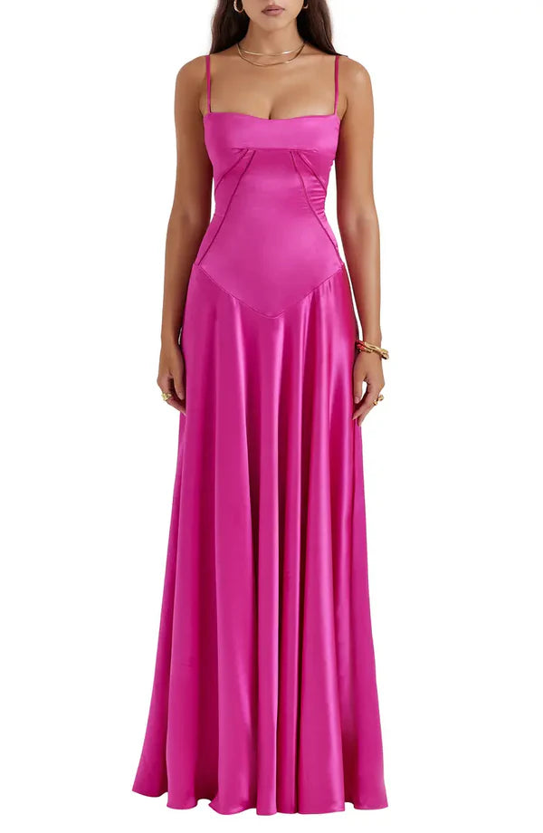 Noble black backless lace up satin thin shoulder strap and floor length evening dress Solid Color