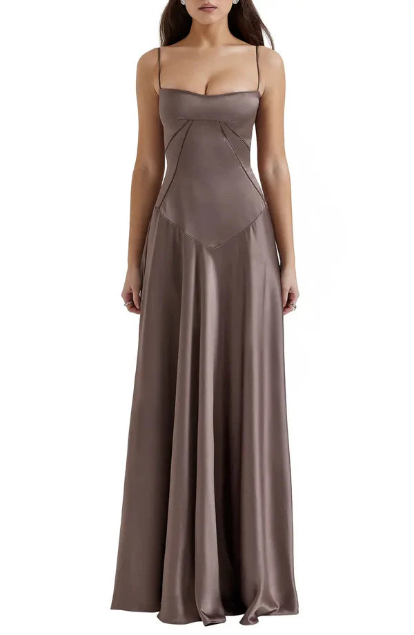 Noble black backless lace up satin thin shoulder strap and floor length evening dress Solid Color