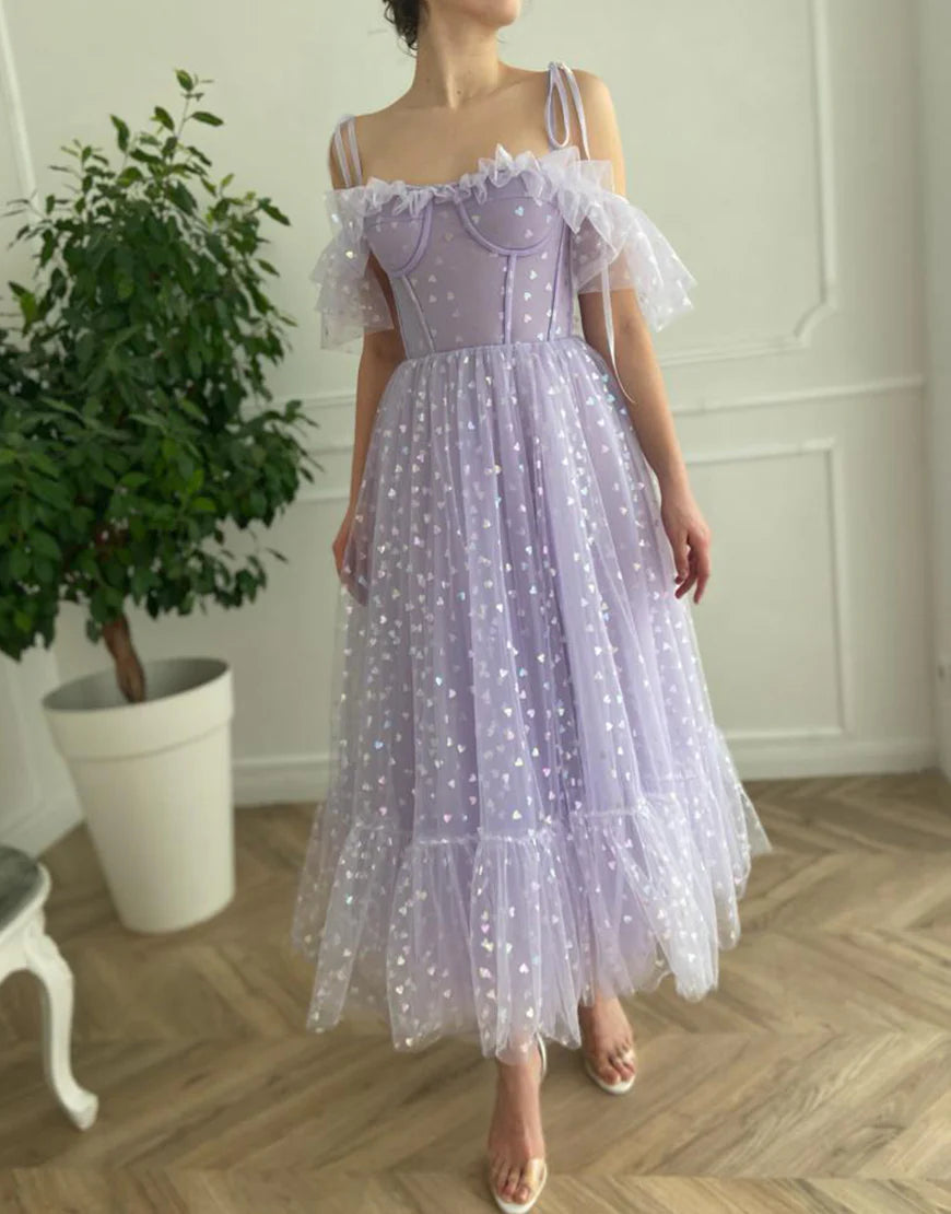Spaghetti Straps Print Lilac Tulle Prom Dress