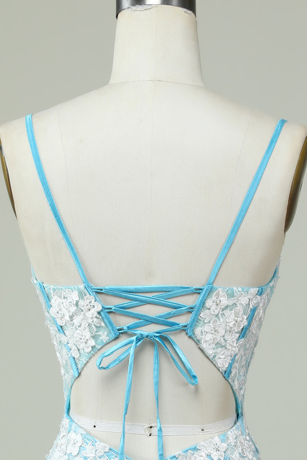 Light Blue Sheath Spaghetti Straps Short Homecoming Dress with Appliques Flowers