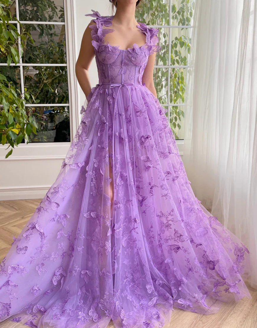 A Line Butterflies Green Long Prom Dress With Slit