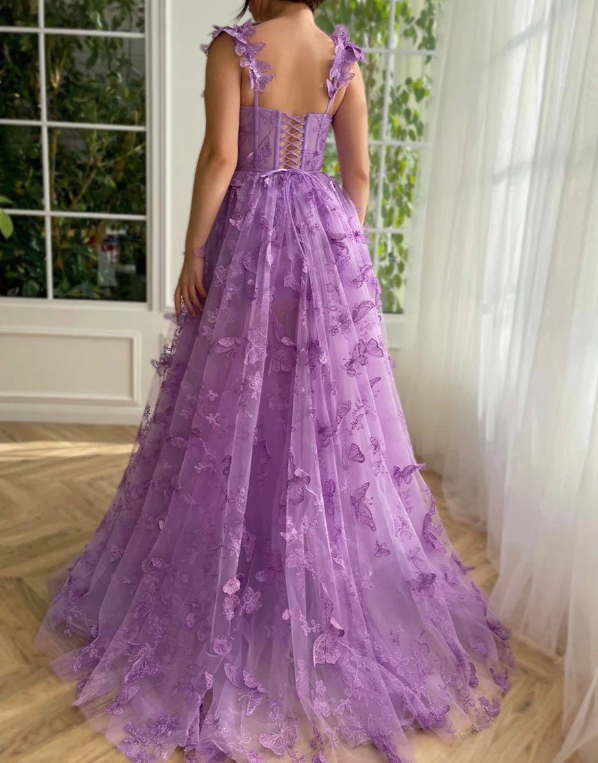 A Line Butterflies Green Long Prom Dress With Slit