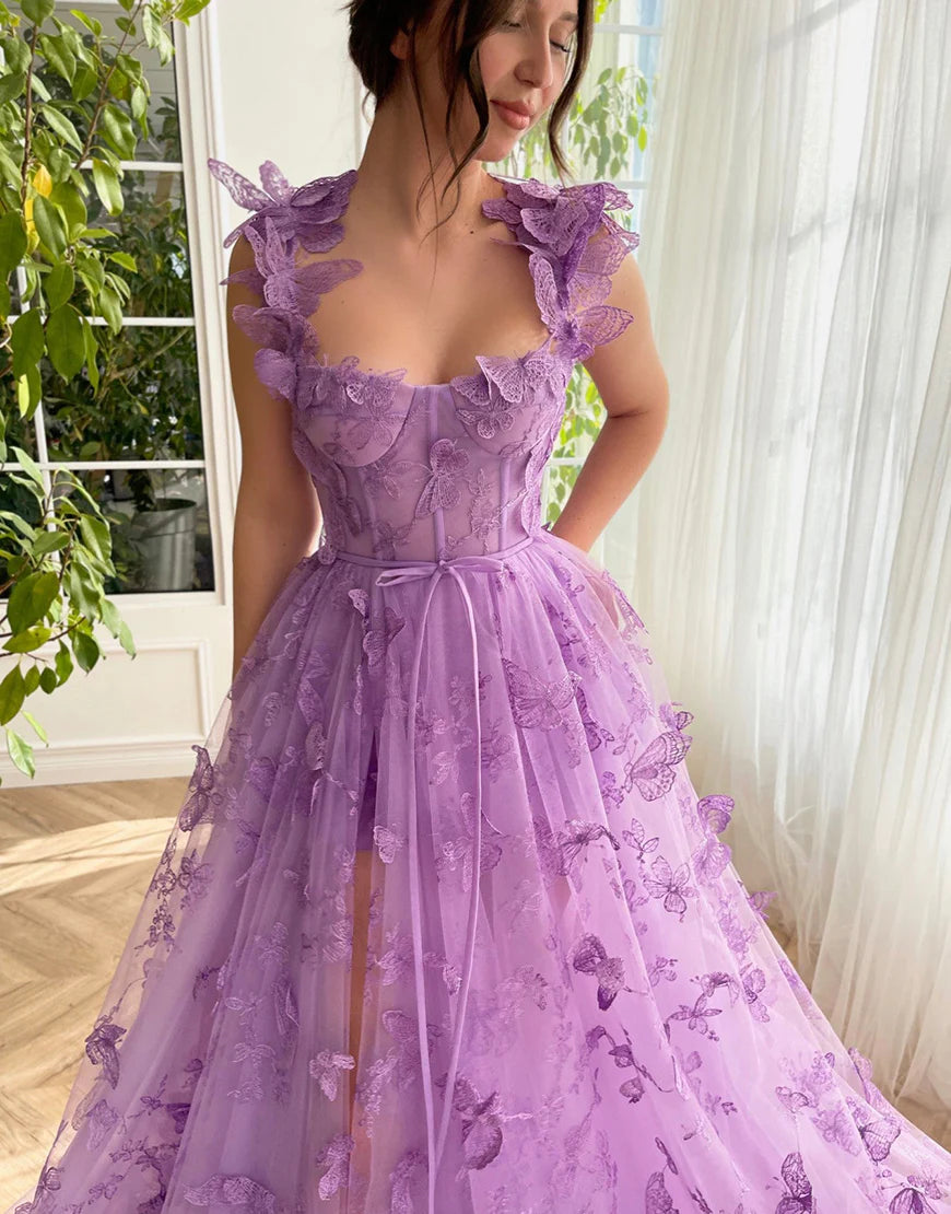A Line Butterflies Green Long Prom Dress With Slit