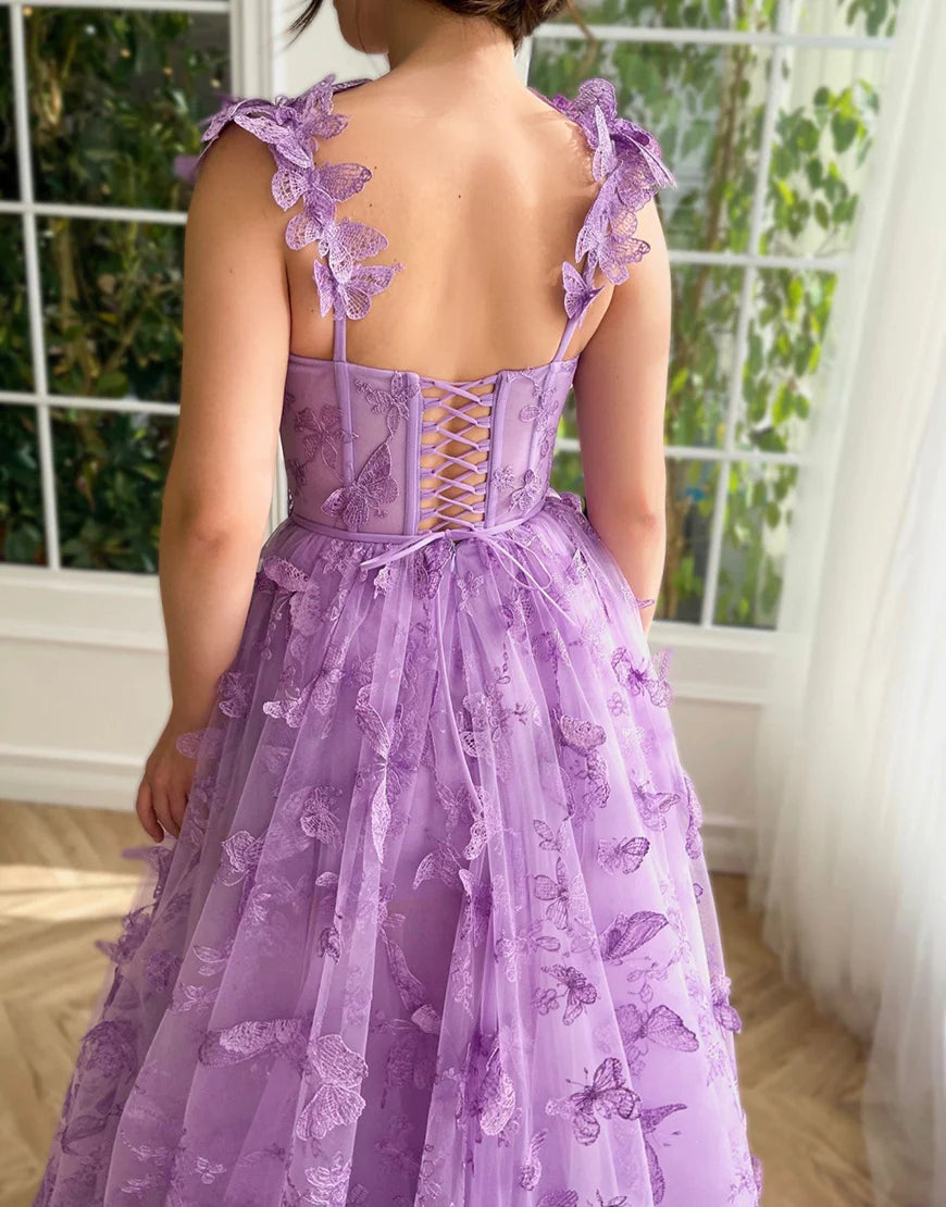 A Line Butterflies Green Long Prom Dress With Slit