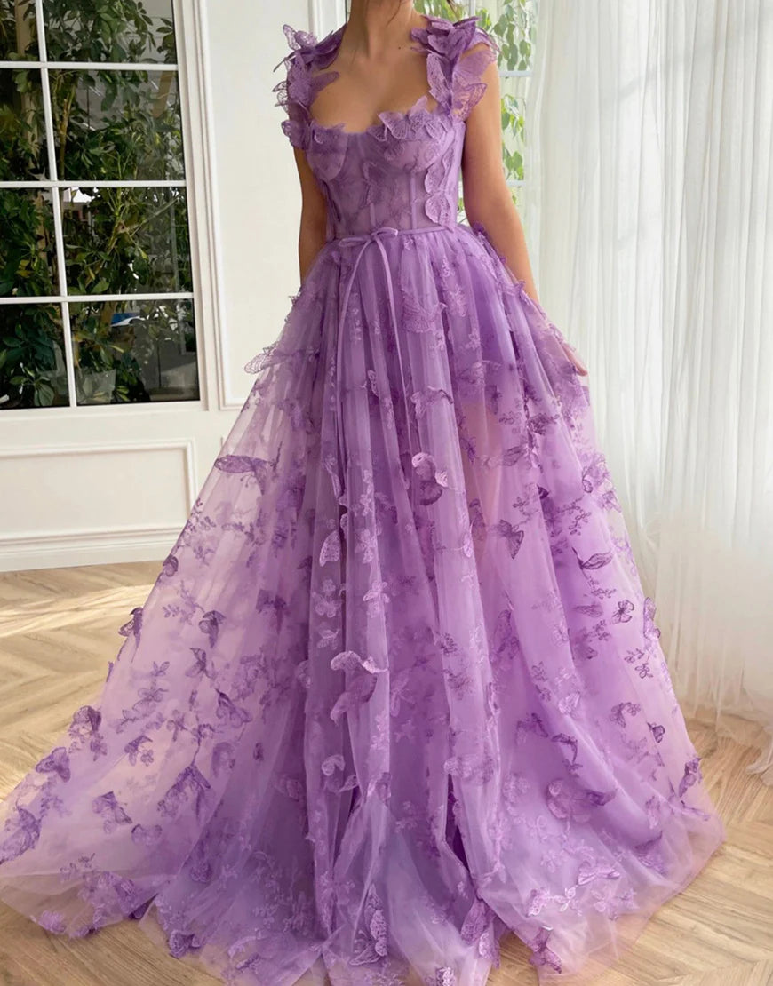 A Line Butterflies Green Long Prom Dress With Slit