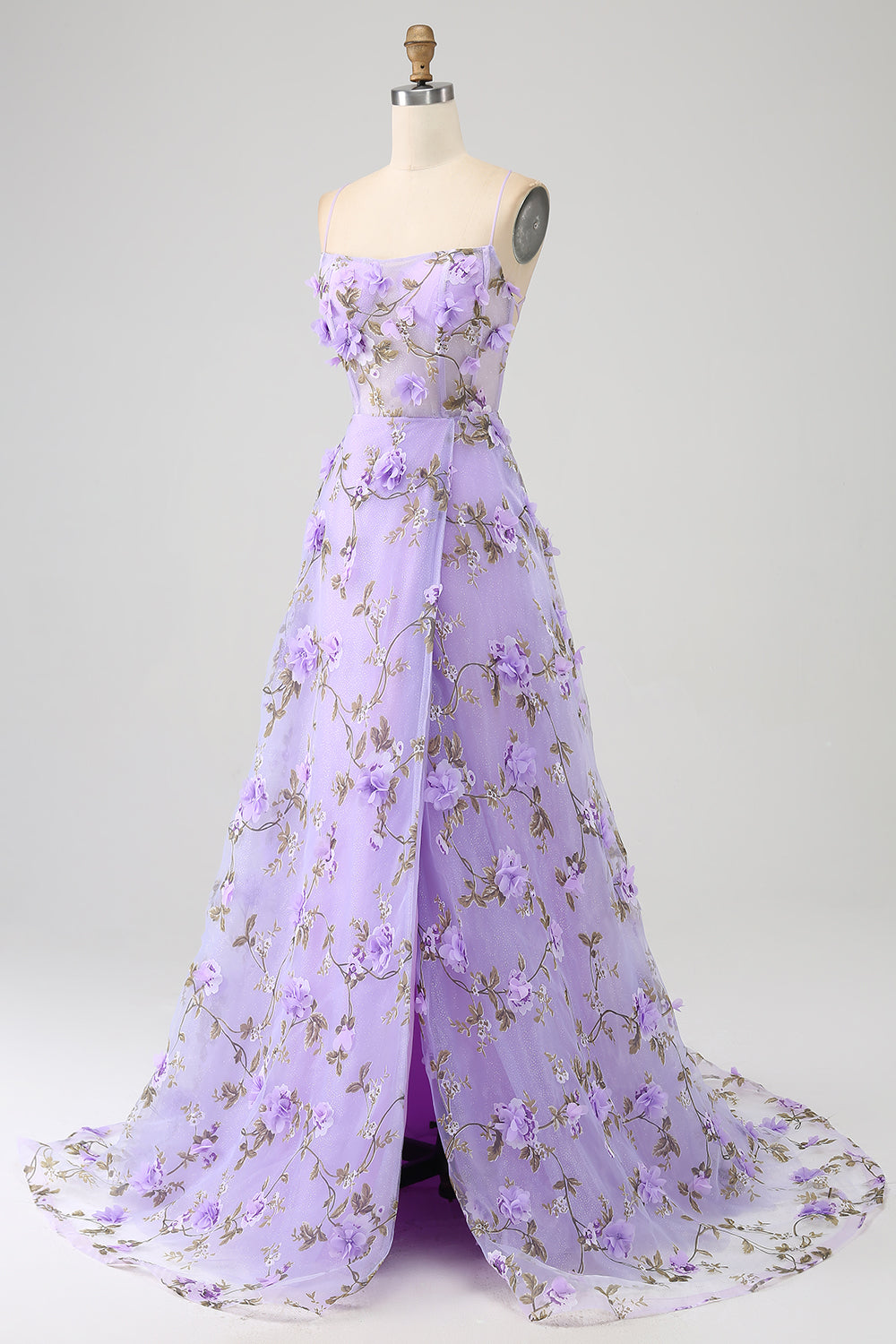 Lilac A-Line Spaghetti Straps Long Prom Dress with 3D Flowers Beautiful