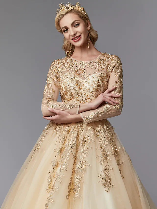 Ball Gown Wedding Dresses Jewel Neck Lace Tulle Long Sleeve Glamorous See-Through Backless Modern with Beading Appliques Gold Color