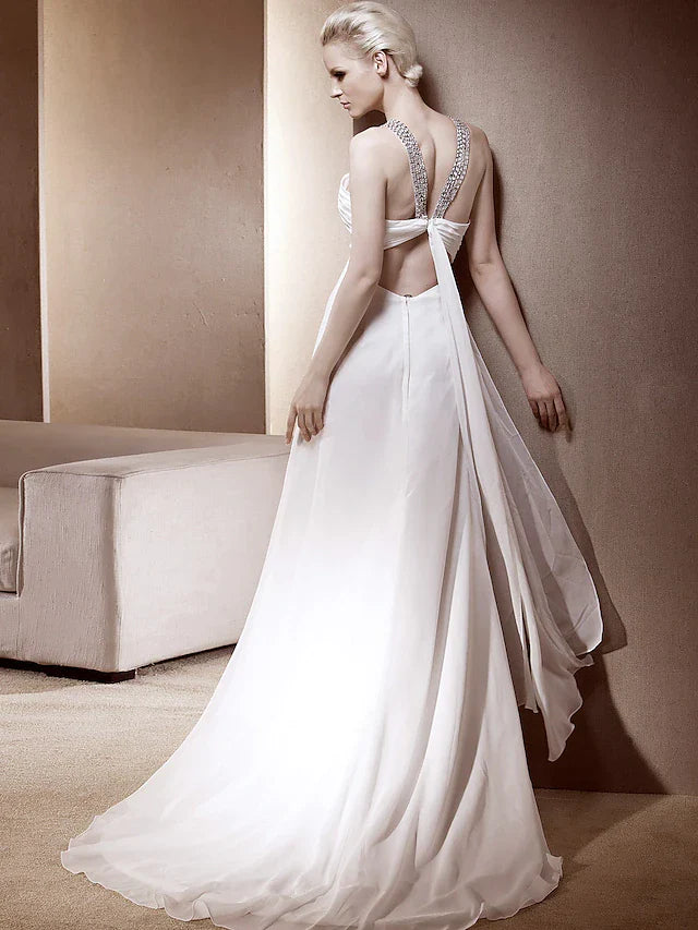 Princess A-Line Wedding Dresses V Neck Court Train Chiffon Sleeveless Sparkle & Shine with Sequin