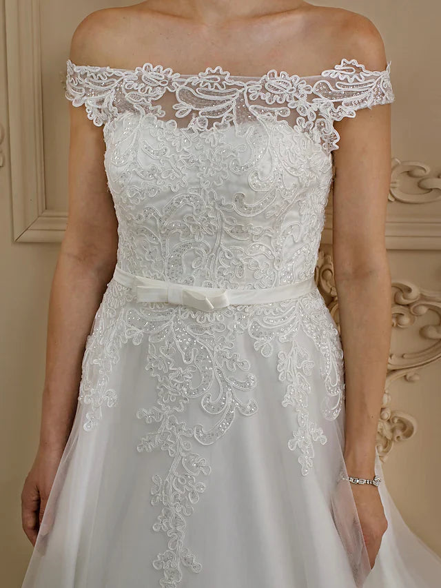 Ball Gown Wedding Dresses Off Shoulder Court Train Lace Tulle Cap Sleeve Country Glamorous See-Through Plus Size Backless with Sashes Ribbons Bow(s) Buttons