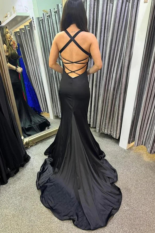 Trumpet/Mermaid Satin V-Neck Long Party Dresses Sweep/Brush Train Dresses
