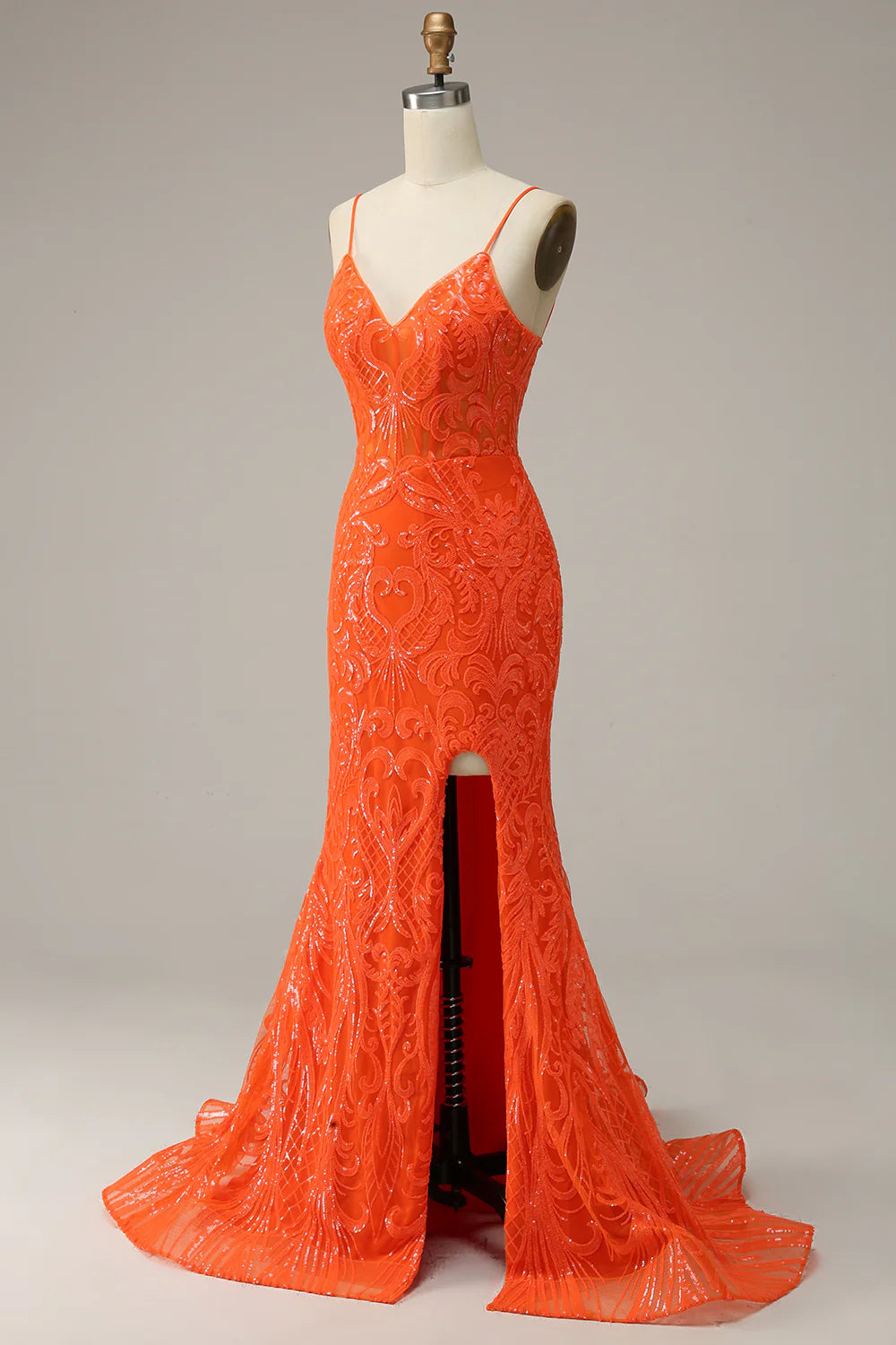 Sheath/Mermaid Spaghetti Straps Orange Sequins Long Sweep/Brush Train Prom Dress with Slit