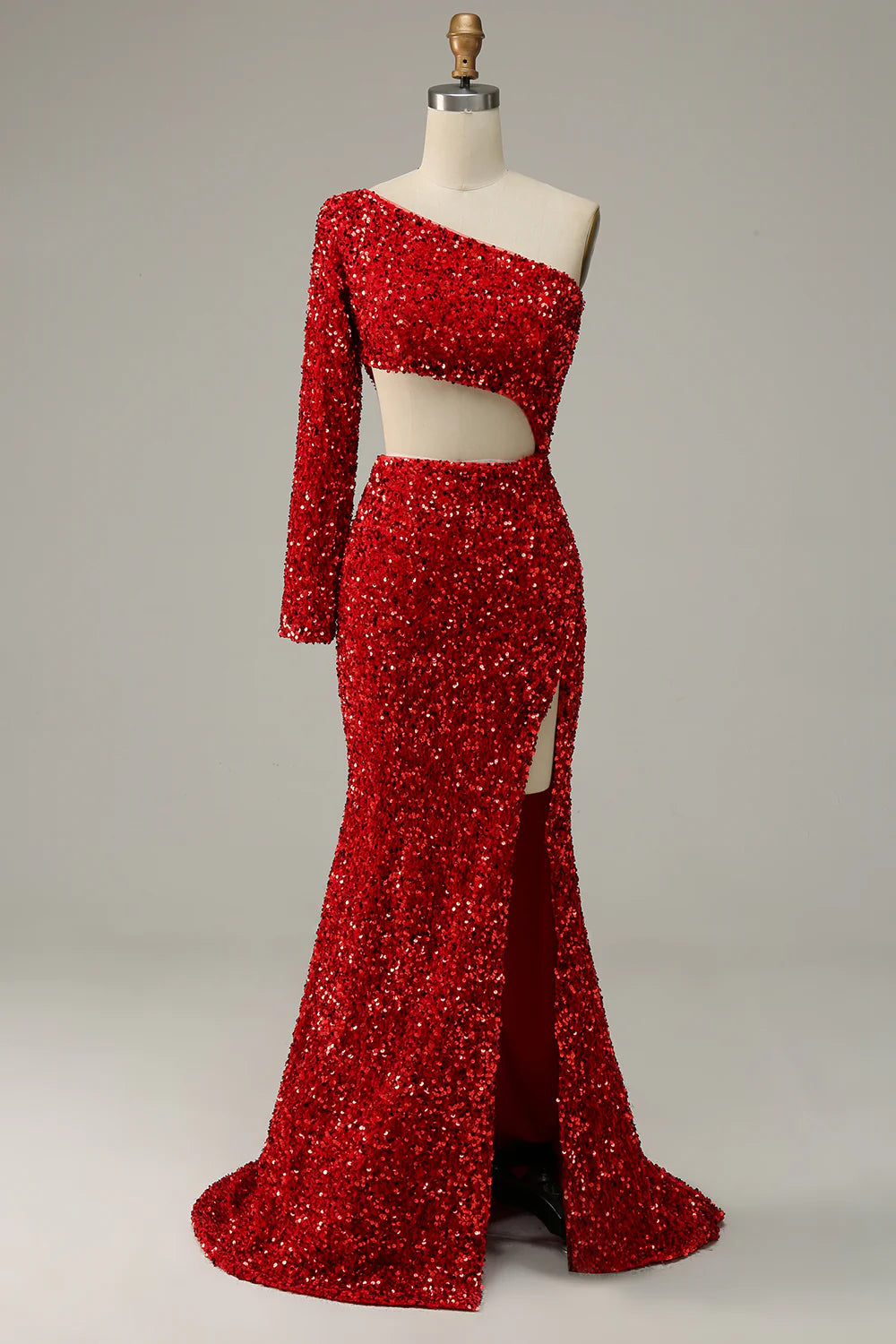 Sleek Glitter Sparking Mermaid Sequins One Shoulder Cut Out Prom Dress with Slit