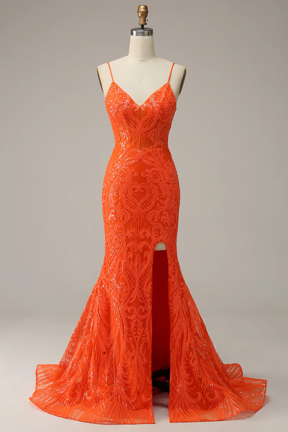 Sheath/Mermaid Spaghetti Straps Orange Sequins Long Sweep/Brush Train Prom Dress with Slit