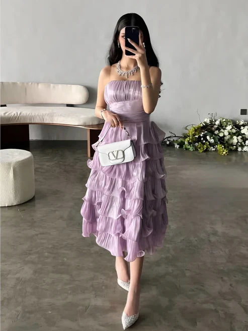 Lilac Strapless Wavy Tiered Mini Party Dress Birthday Outfits Cocktail Dresses