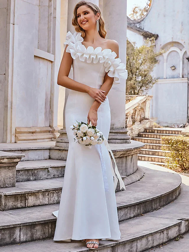 Wedding Dresses Off Shoulder Stretch Fabric Cap Sleeve Romantic Elegant with Ruffles