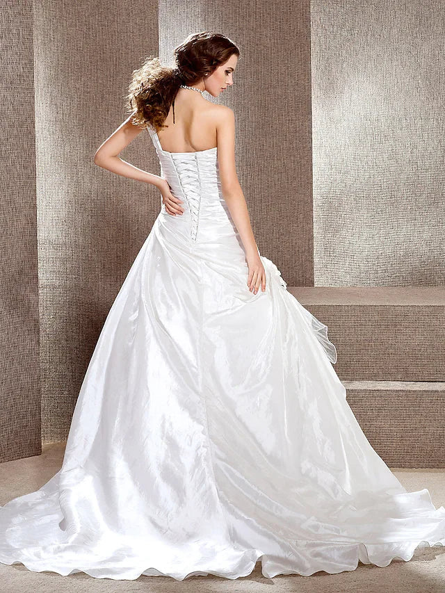 Princess A-Line Ball Gown Wedding Dresses One Shoulder Cathedral Train Taffeta Sleeveless Floor Length 