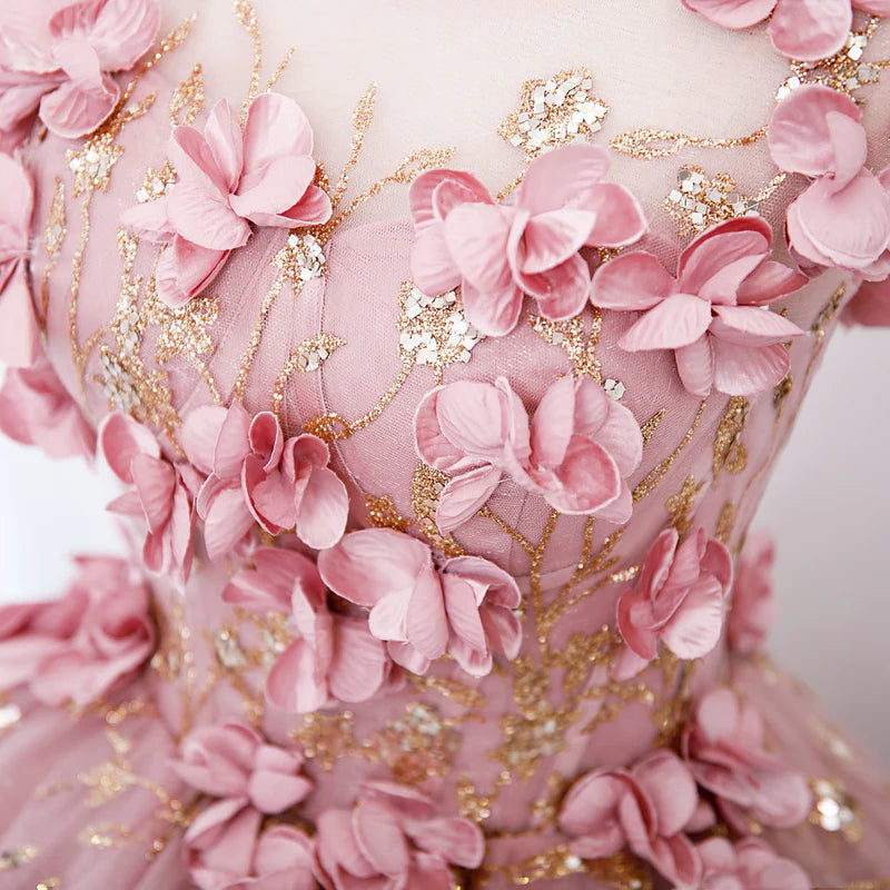 A-Line Evening Gown Quinceanera Floor Length Lovely Pink Tulle Long Party Dress With 3D Flowers Sweet 16 Gown