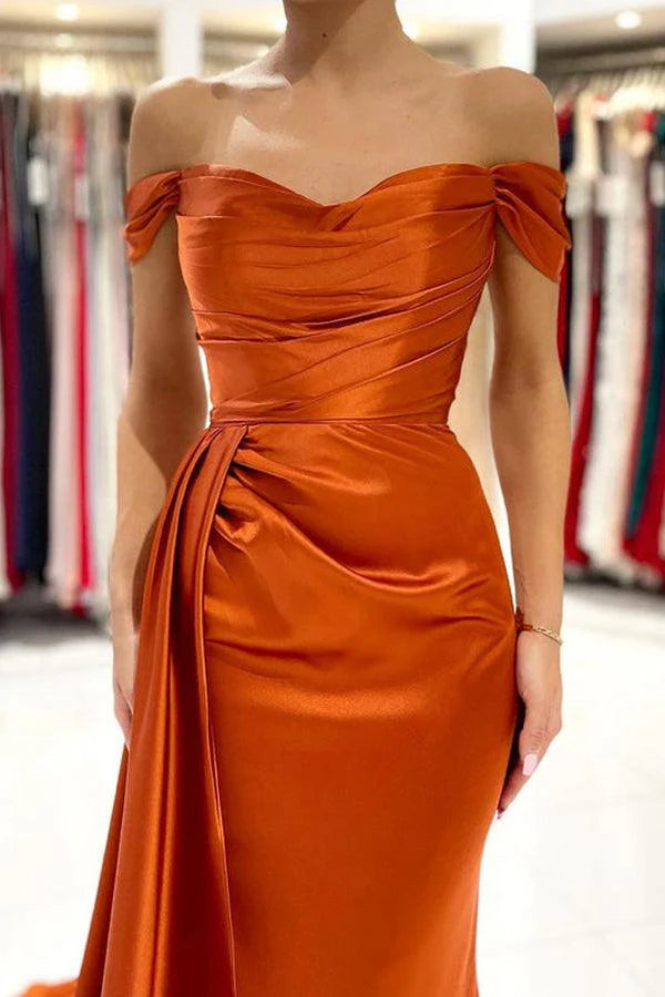 Mermaid Off The Shoulder Satin Sheath Prom Dress with Slit