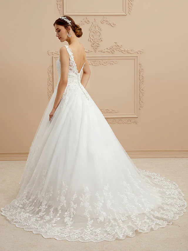 Ball Gown Wedding Dresses V Neck Court Train Tulle Beaded Lace Lace Over Tulle Spaghetti Strap Glamorous Illusion Detail Backless with Beading Appliques
