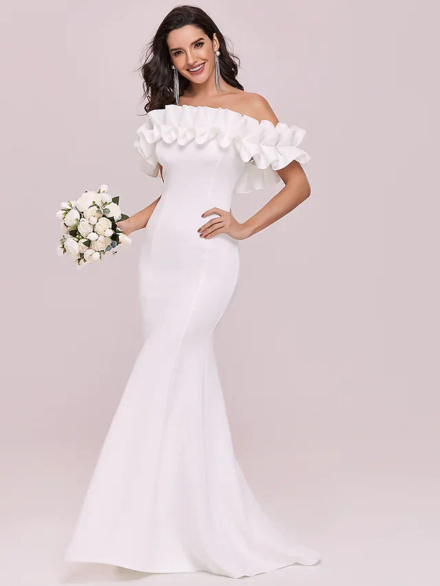 Wedding Dresses Off Shoulder Stretch Fabric Cap Sleeve Romantic Elegant with Ruffles