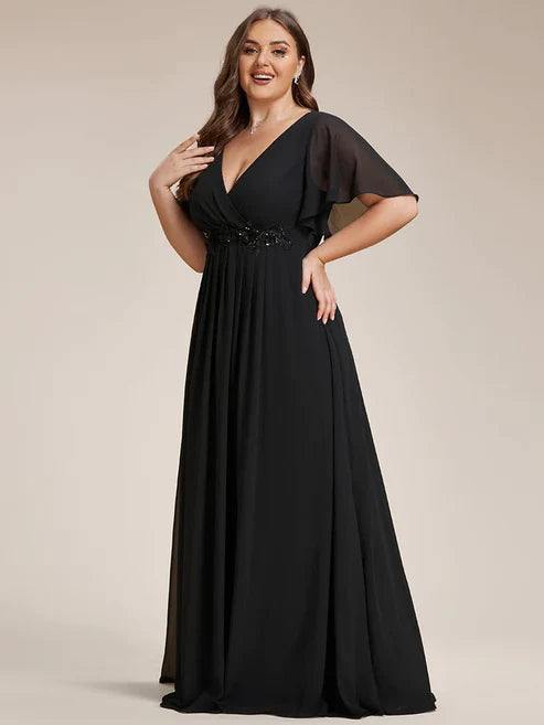 Plus Size Floral Applique Short Sleeve A-Line Chiffon Evening Dress/Prom Dresses Charming Party Dresses